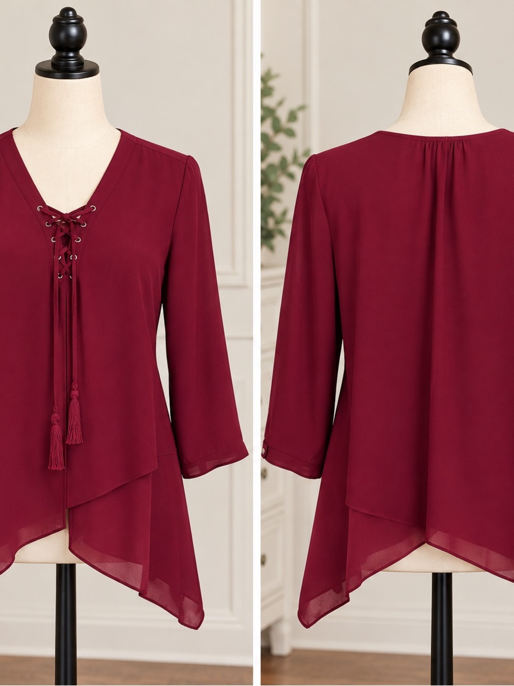 Roz & Ali Lace-Up V-Neck Asymmetrical Tunic - Burgundy
